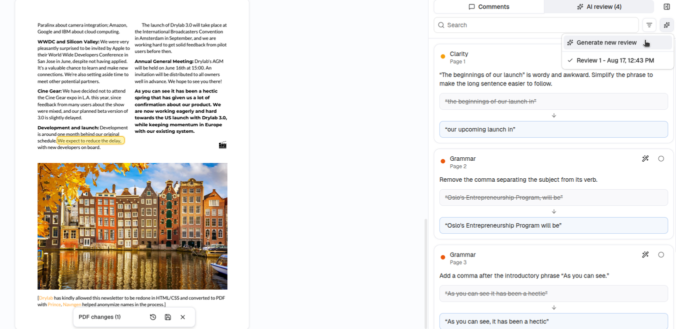 AI proofing document review feature