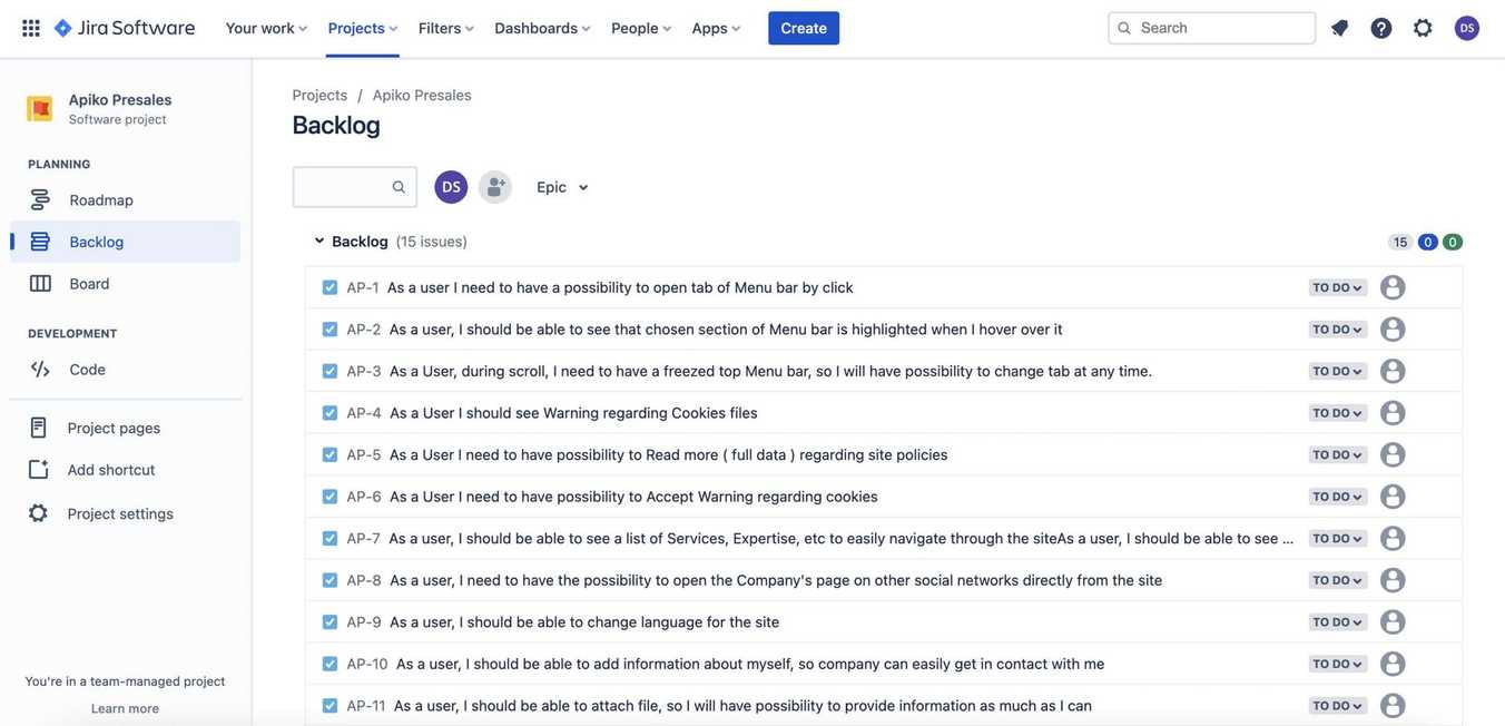 project backlog example