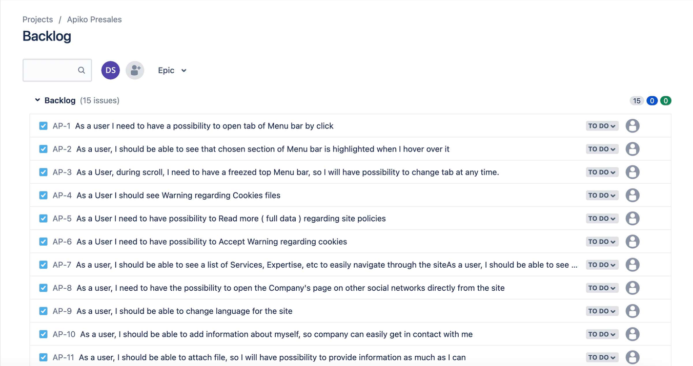 product backlog example
