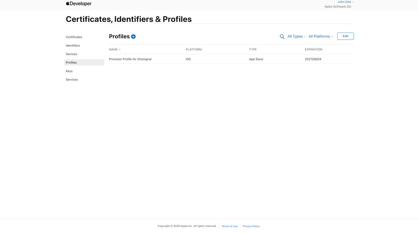 Apple Developer Certificates, Identifiers and Profiles page with the Profiles tab selected, listing one iOS App Store provisioning profile with its expiration date