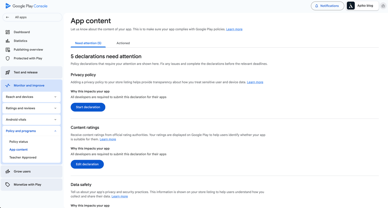 Google Play Console App content page showing five declarations that need attention, including Privacy policy, Content ratings and Data safety, each with a Start or Edit declaration button