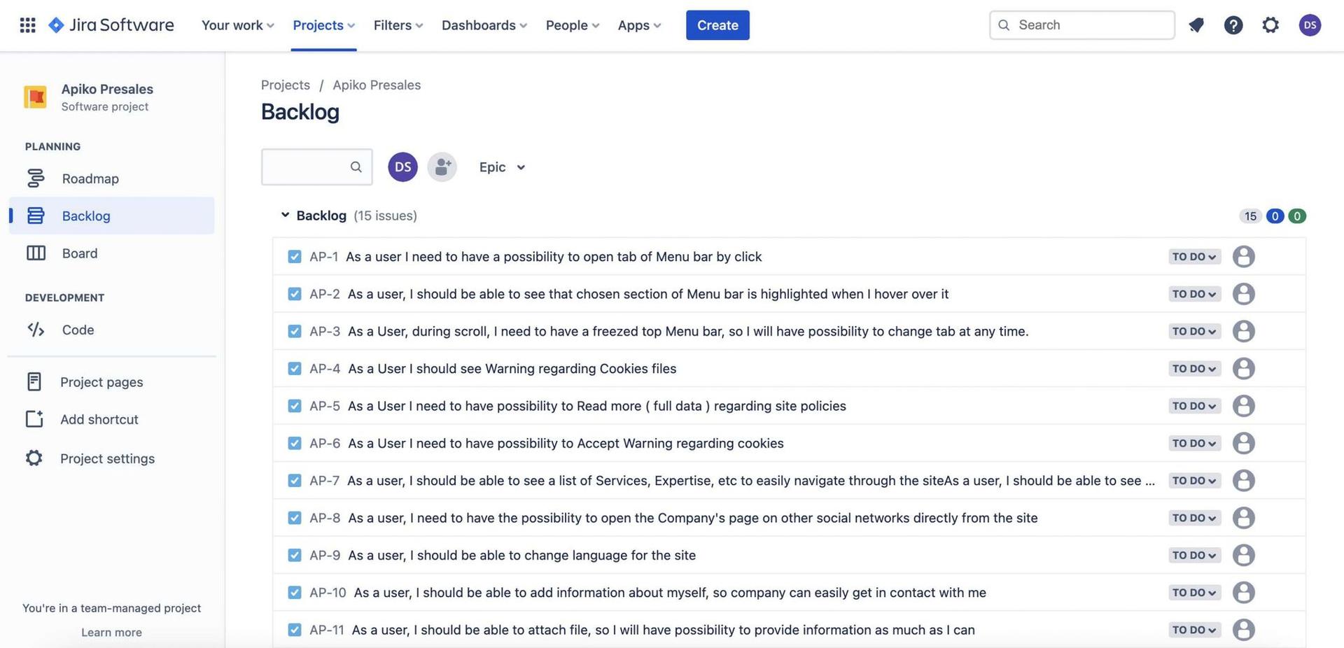 project backlog example