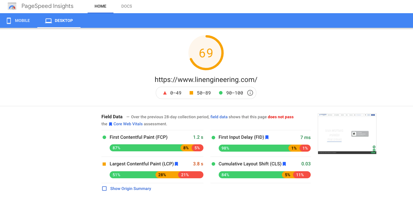 Google PageSpeed Insights: Lin Engineering